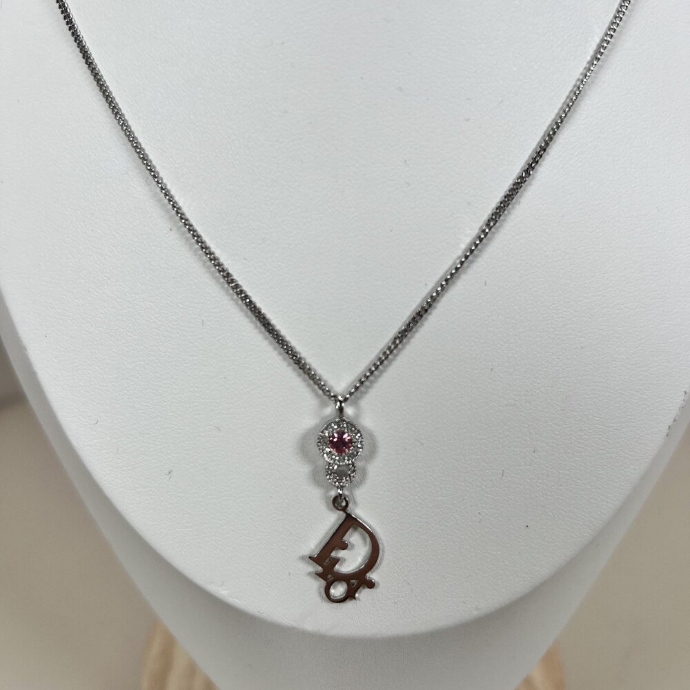 Christian Dior 'D' Logo Necklace with Pink Stone & Crystal Accents